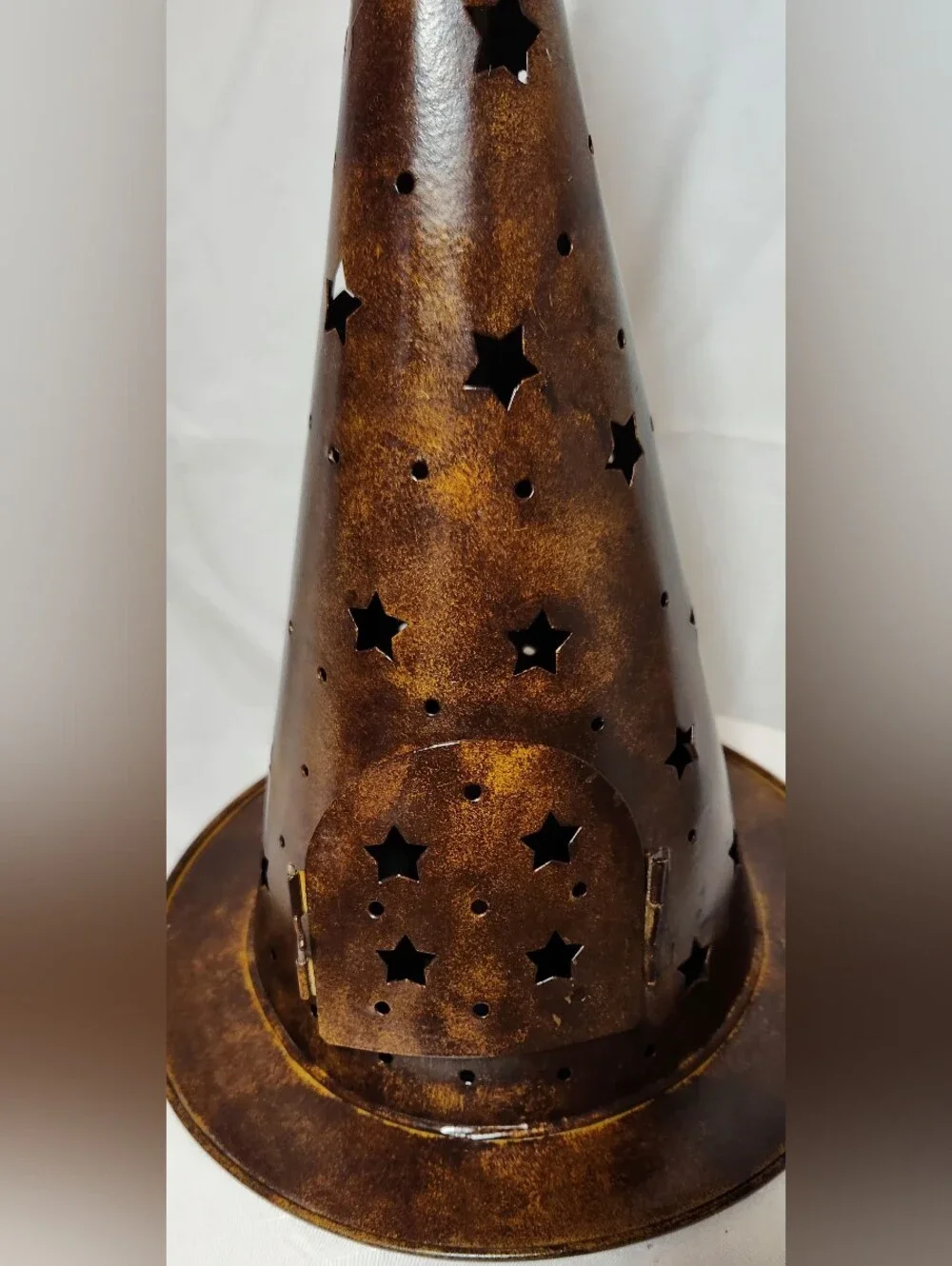 Rustic Metal Witch Hat Candle Holder With Punched Out Stars & Front Hinged Door